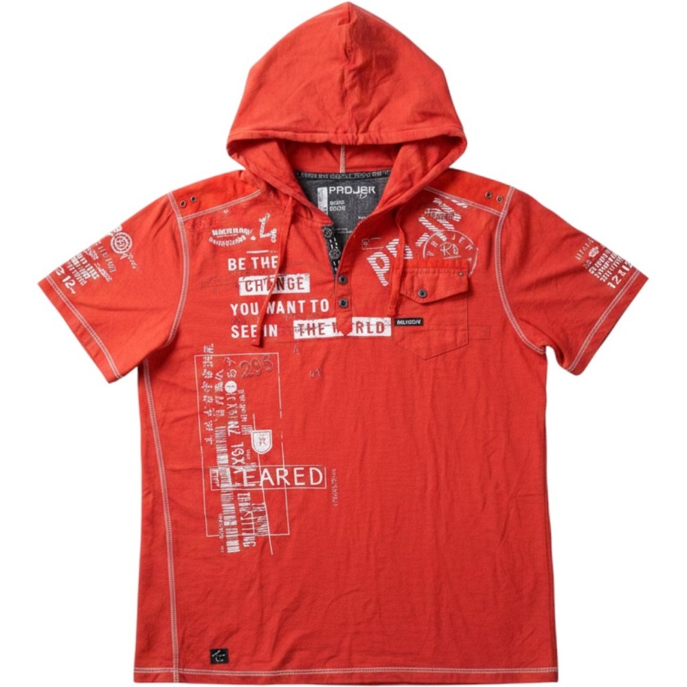Projek Raw Mens Red Graphic Hooded Henley T-Shirt XL Short Sleeve Be The Change